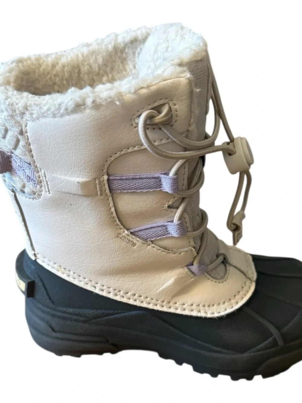 Columbia Kids White and Black Insulated Snow Boots with Lavender Accents